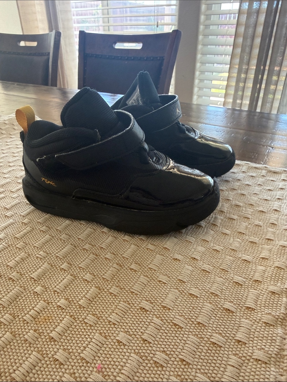 Black Jordan Flight Velcro Sneakers with Yellow Pull Tab